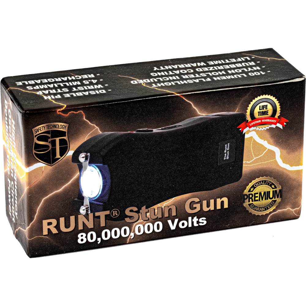 Rechargeable Runt 80,000,000 volt stun gun with flashlight and wrist strap disable pin Black view 2